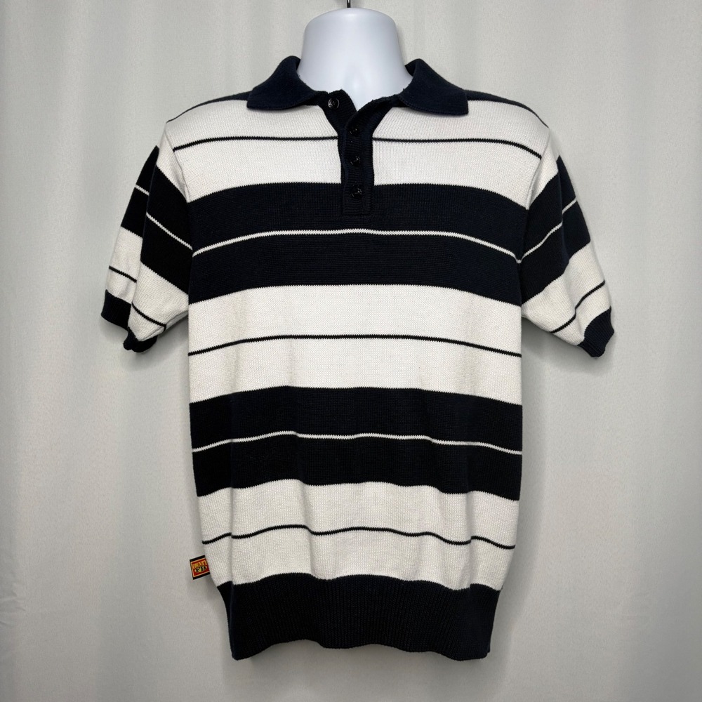FB County Charlie Brown Knit Polo Shirt Mens Small Navy Blue White Striped OG